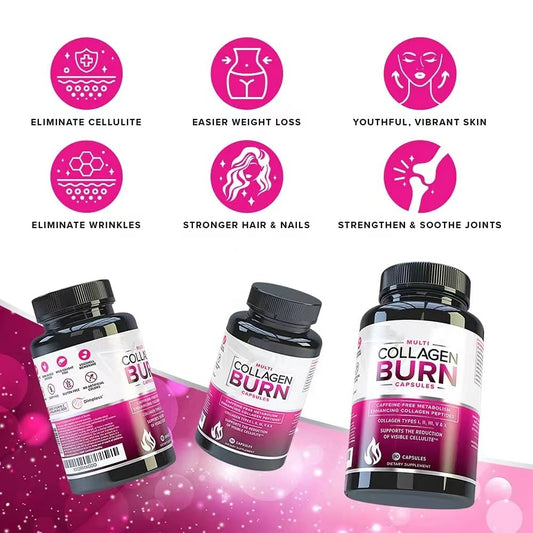 Multi Collagen Burn Capsules – With Vitamin C & Hyaluronic Acid – Skin, Hair, Joint, and Bone Health Support – Anti-Aging, Cellulite Reduction – 90 Capsules