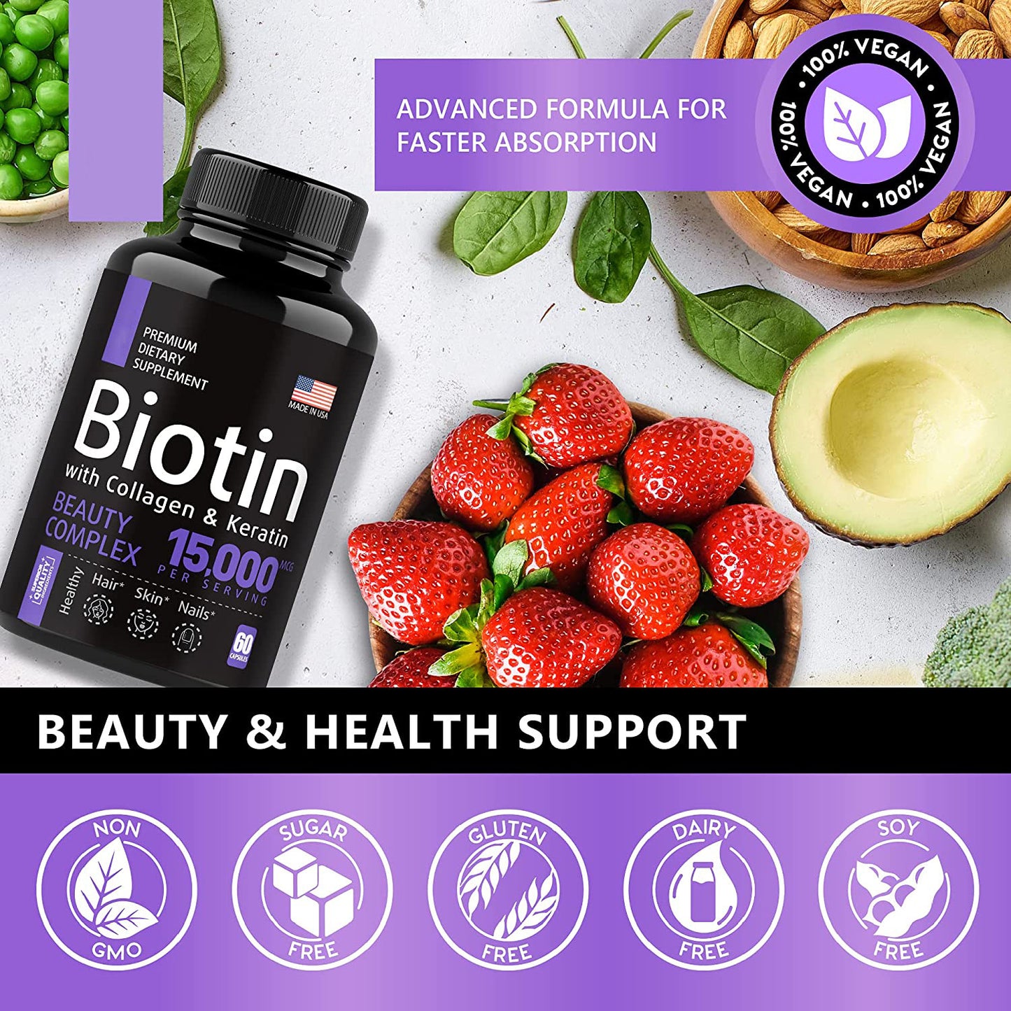 Biotin Capsules | Hair Growth, Strong Nails & Glowing Skin | 100% Natural | 60 Capsules