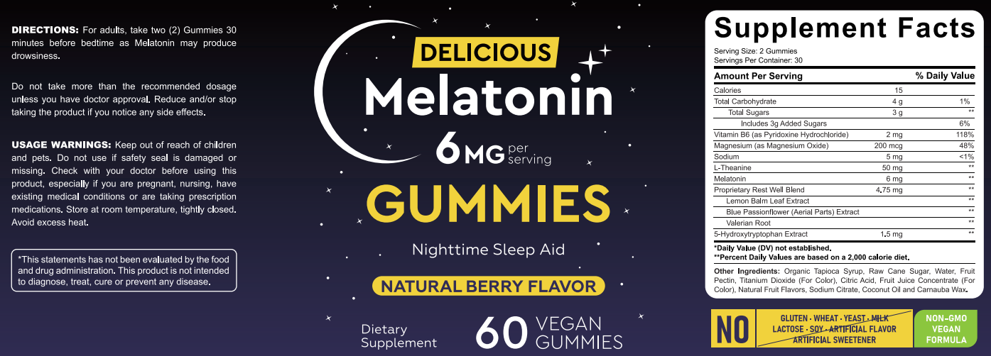 Melatonin Gummies 6mg - Natural Berry Flavor | Nighttime Sleep Aid | 60 Vegan Gummies